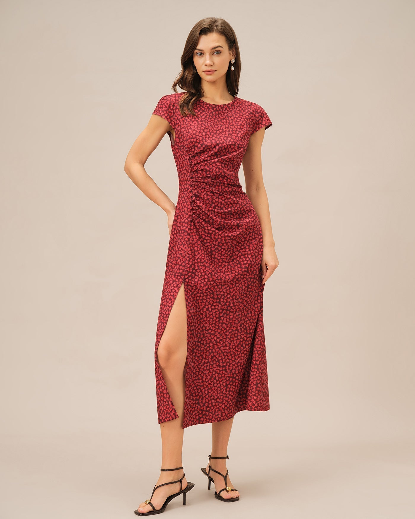 Red Floral Pleated Midi Dress