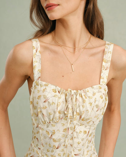 Apricot Floral Zipper Slip Midi Dress