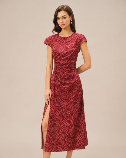 Red Floral Pleated Midi Dress