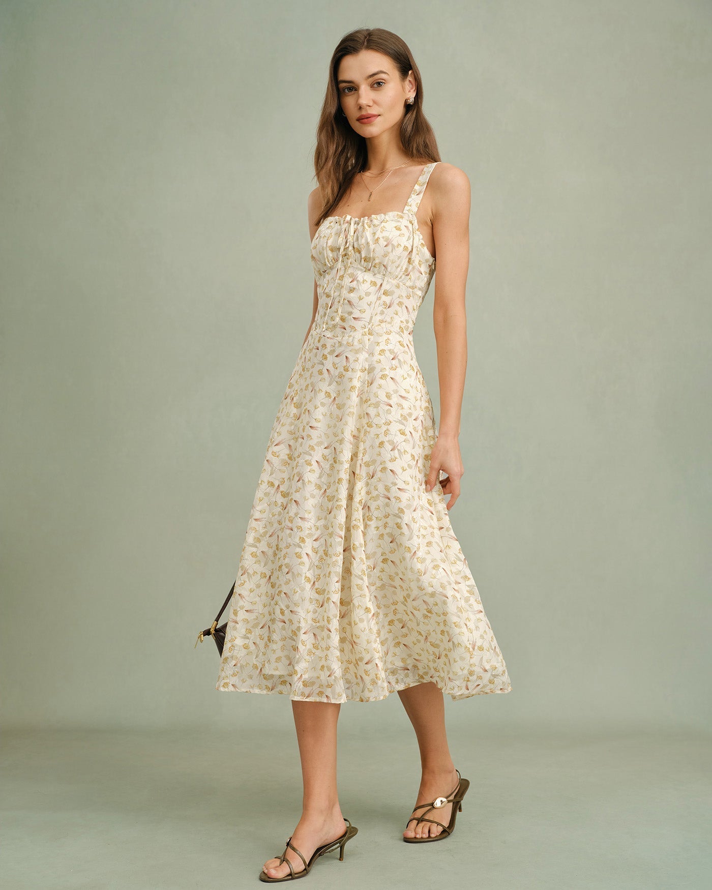 Apricot Floral Zipper Slip Midi Dress