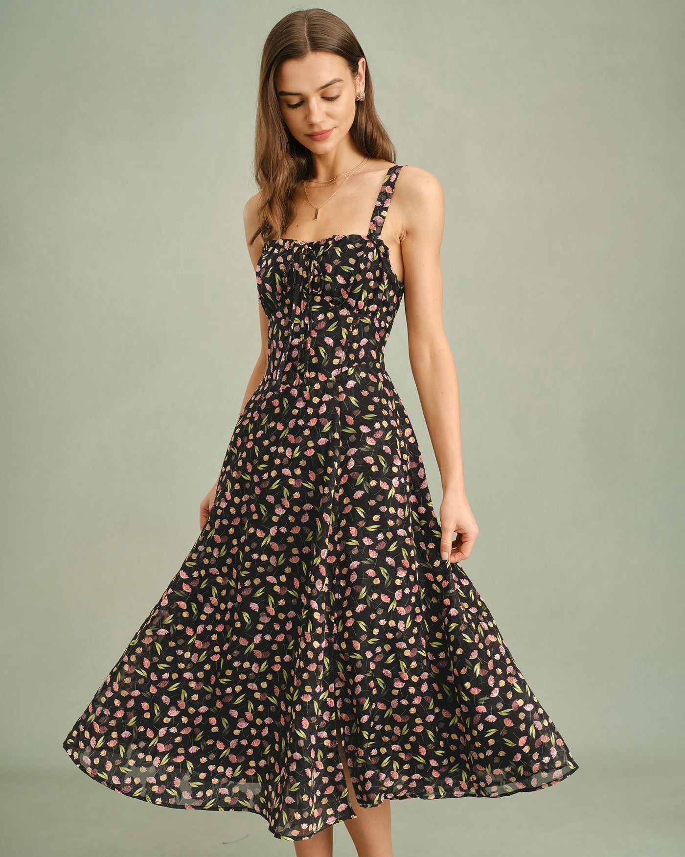 Black Floral Zipper Slip Midi Dress