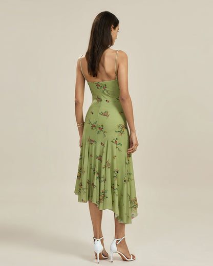 Green Textured Floral Slip Midi Dress