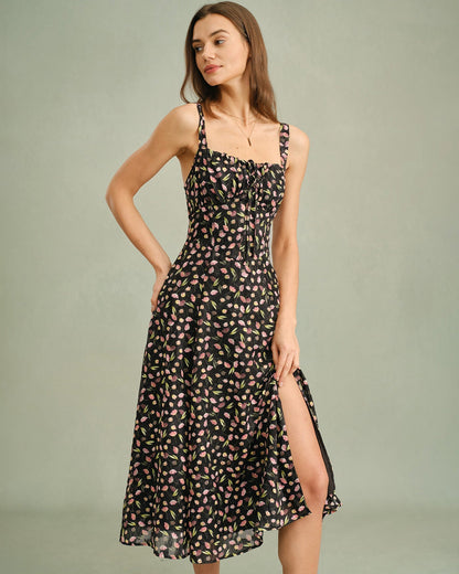 Black Floral Zipper Slip Midi Dress