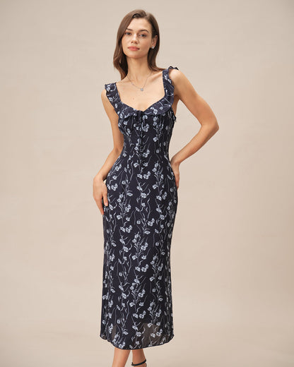 Blue Floral Slip A-Line Midi Dress