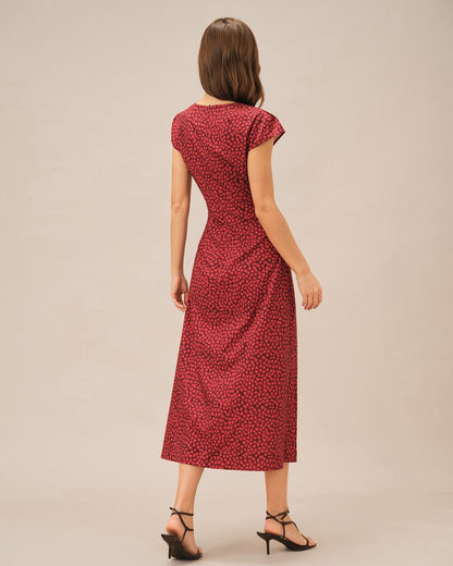 Red Floral Pleated Midi Dress