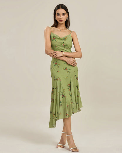 Green Textured Floral Slip Midi Dress