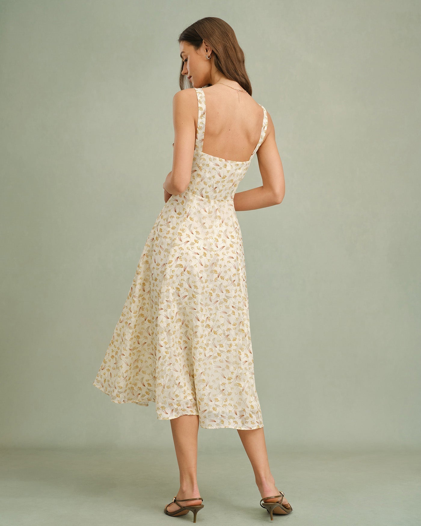 Apricot Floral Zipper Slip Midi Dress