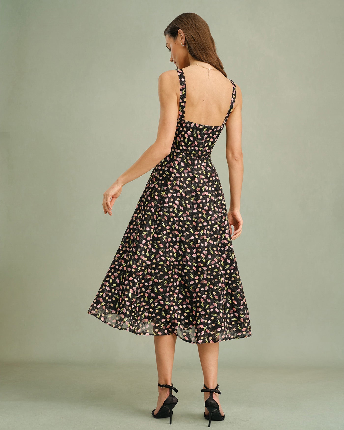 Black Floral Zipper Slip Midi Dress
