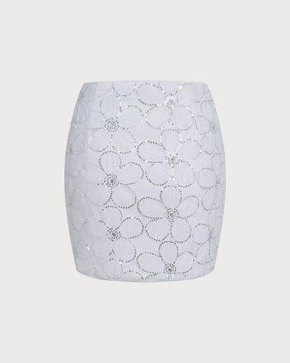 White Floral Sequins Mini Skirt