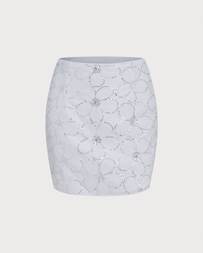 White Floral Sequins Mini Skirt
