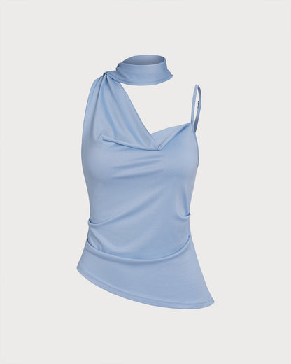 Blue Solid Pleated Tank Top