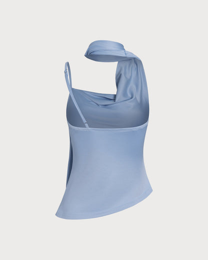 Blue Solid Pleated Tank Top