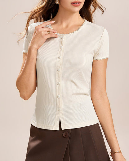Apricot Round Neck Button Tee
