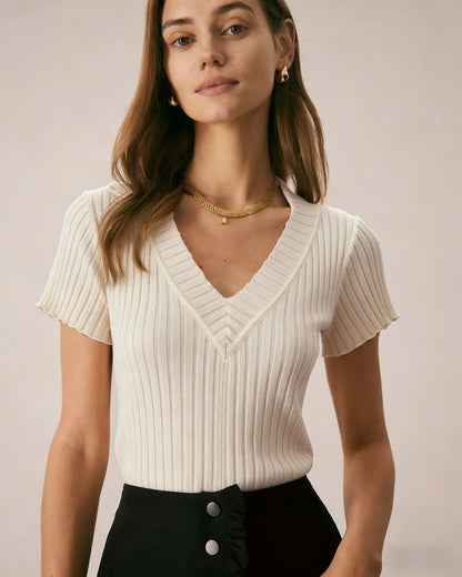 Apricot Textured  V Neck Tee