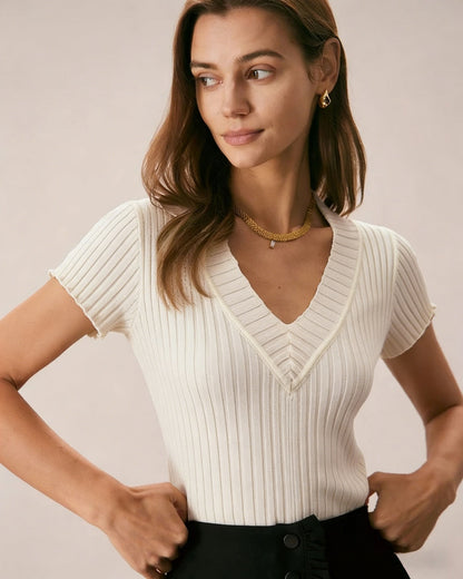Apricot Textured  V Neck Tee