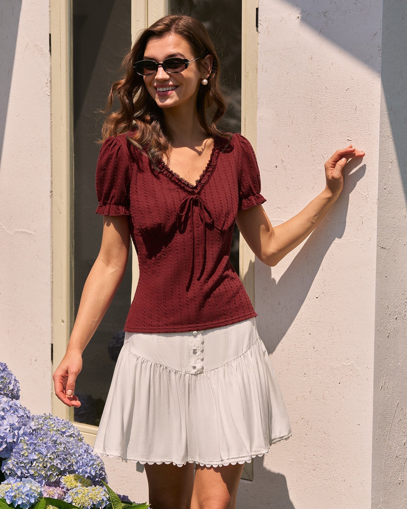 Wine Red V Neck Textured Tee