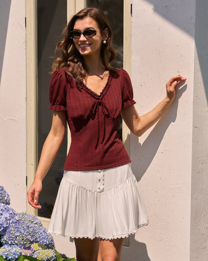 Wine Red V Neck Textured Tee