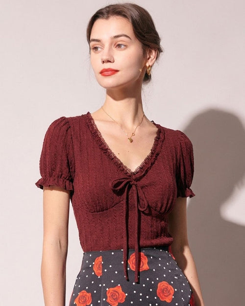 Wine Red V Neck Textured Tee