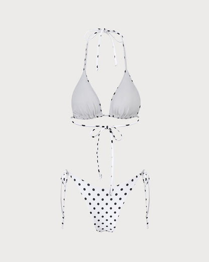 White Halter Polka Dot Triangle Bikini Set