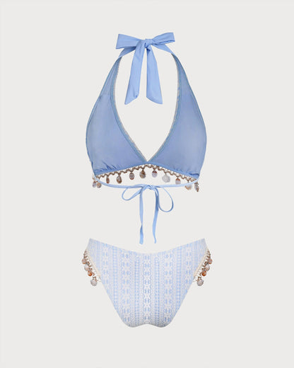 Blue Floral Halter Triangle Bikini Set