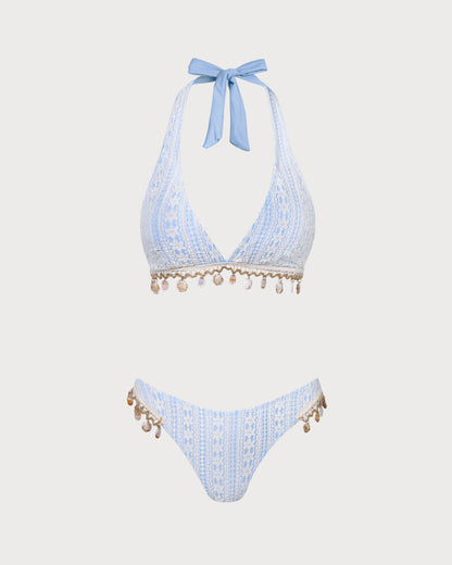 Blue Floral Halter Triangle Bikini Set