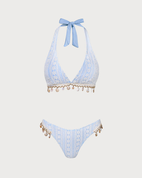 Blue Floral Halter Triangle Bikini Set