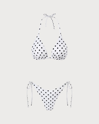 White Halter Polka Dot Triangle Bikini Set