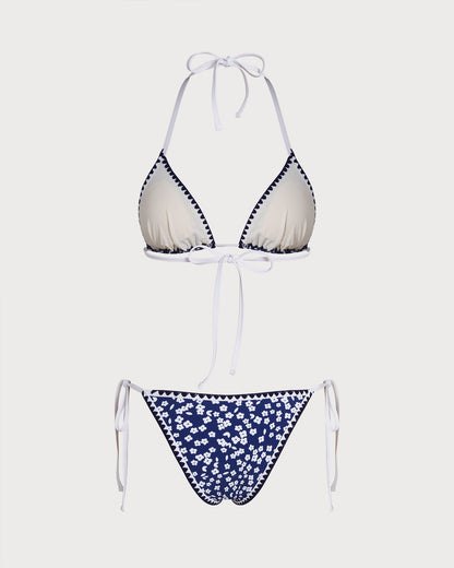 Blue Halter Floral Triangle Bikini Set