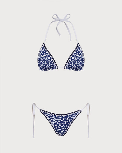 Blue Halter Floral Triangle Bikini Set