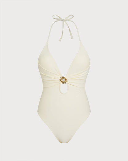 Off White Halter Bralette One Piece Swimsuit