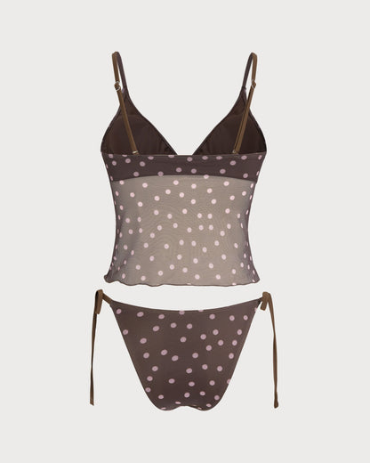Coffee V Neck Polka Dot Tankini Set
