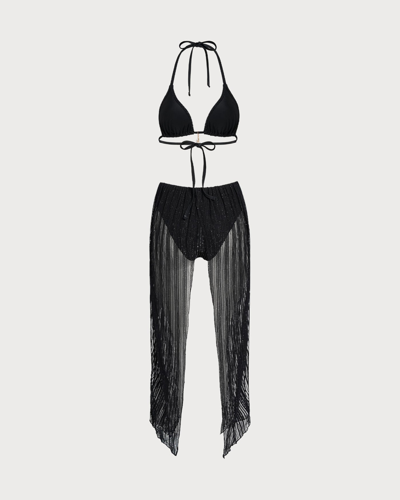 Black Halter Drawstring Triangle Bikini Set