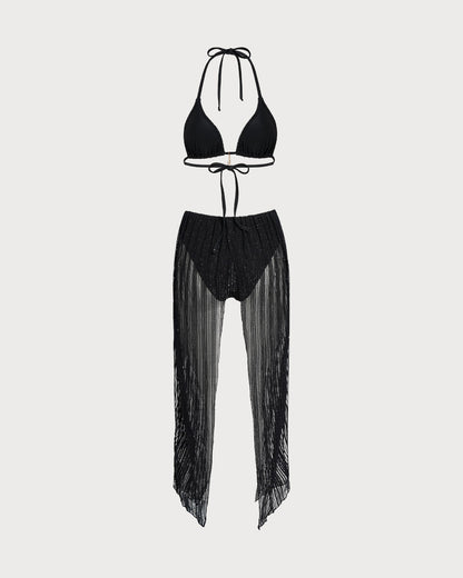 Black Halter Drawstring Triangle Bikini Set