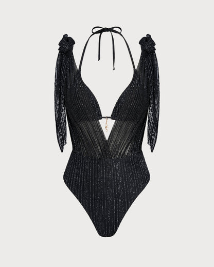 Black Halter Drawstring Triangle Bikini Set
