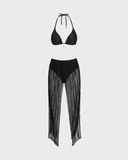 Black Halter Drawstring Triangle Bikini Set
