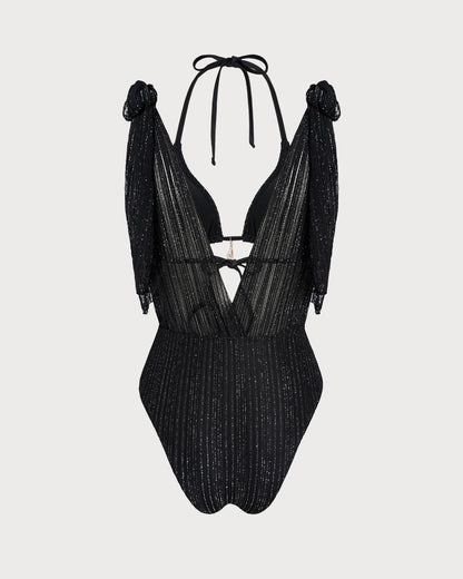 Black Halter Drawstring Triangle Bikini Set