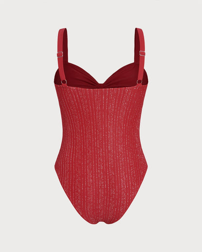 Red V Neck Bralette One Piece Swimwear