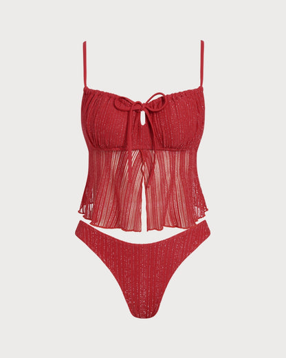 Red Square Neck Sequins Tankini Set