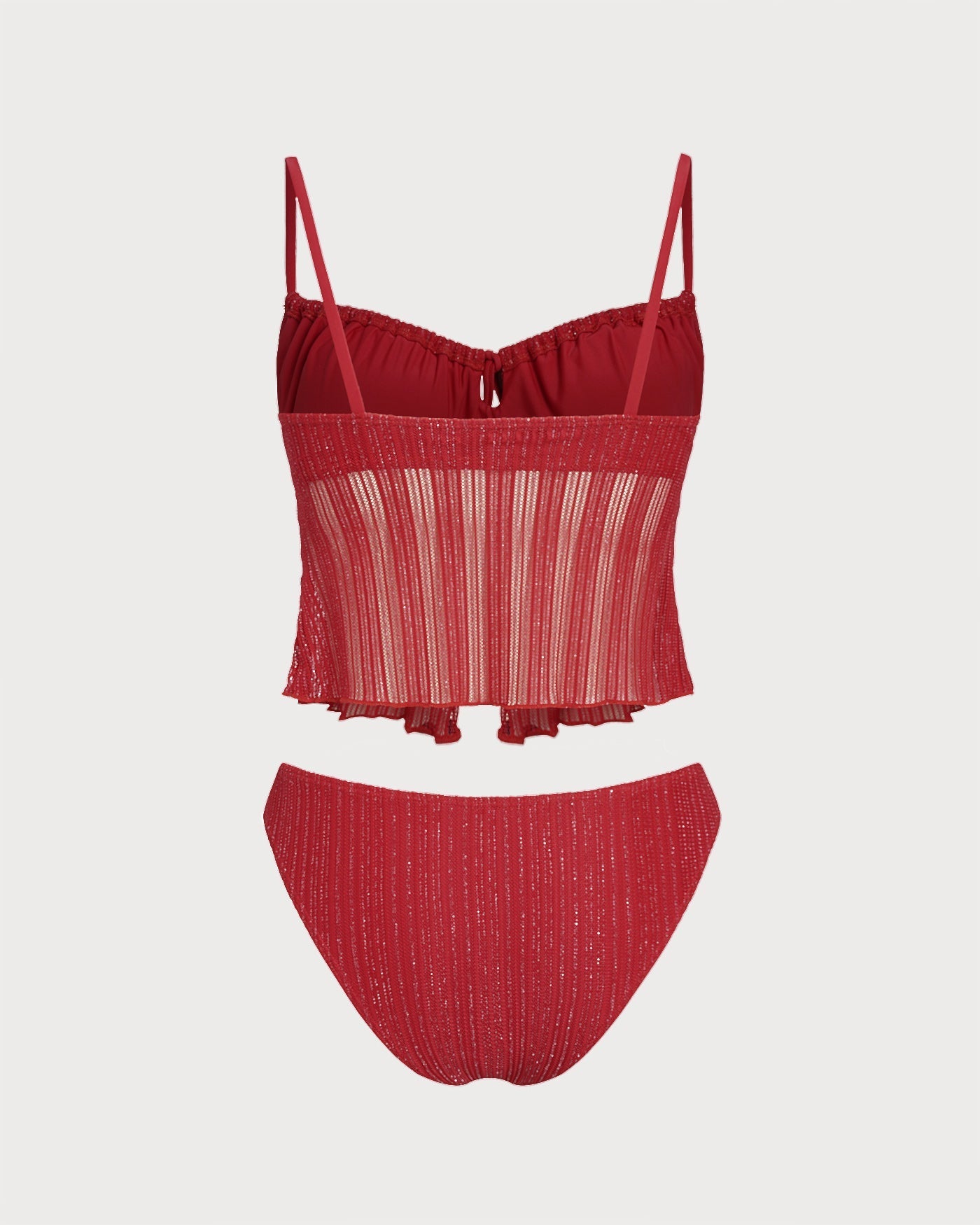 Red Square Neck Sequins Tankini Set