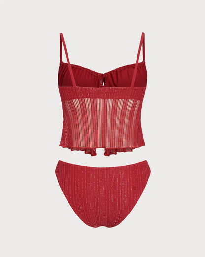 Red Square Neck Sequins Tankini Set