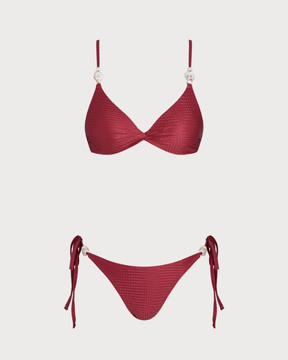 Red V Neck Triangle Drawstring Bikini Set