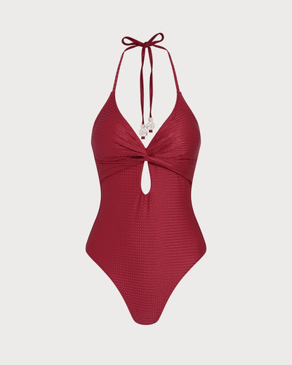 Red Halter Bralette One Piece Swimwear