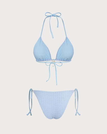 Blue Halter Drawstring Triangle Bikini Set