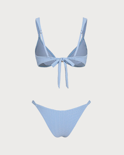 Blue Textured Triangle Bikini Set