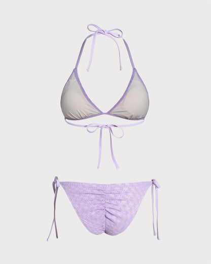 Purple Textured Halter Drawstring Bikini Set