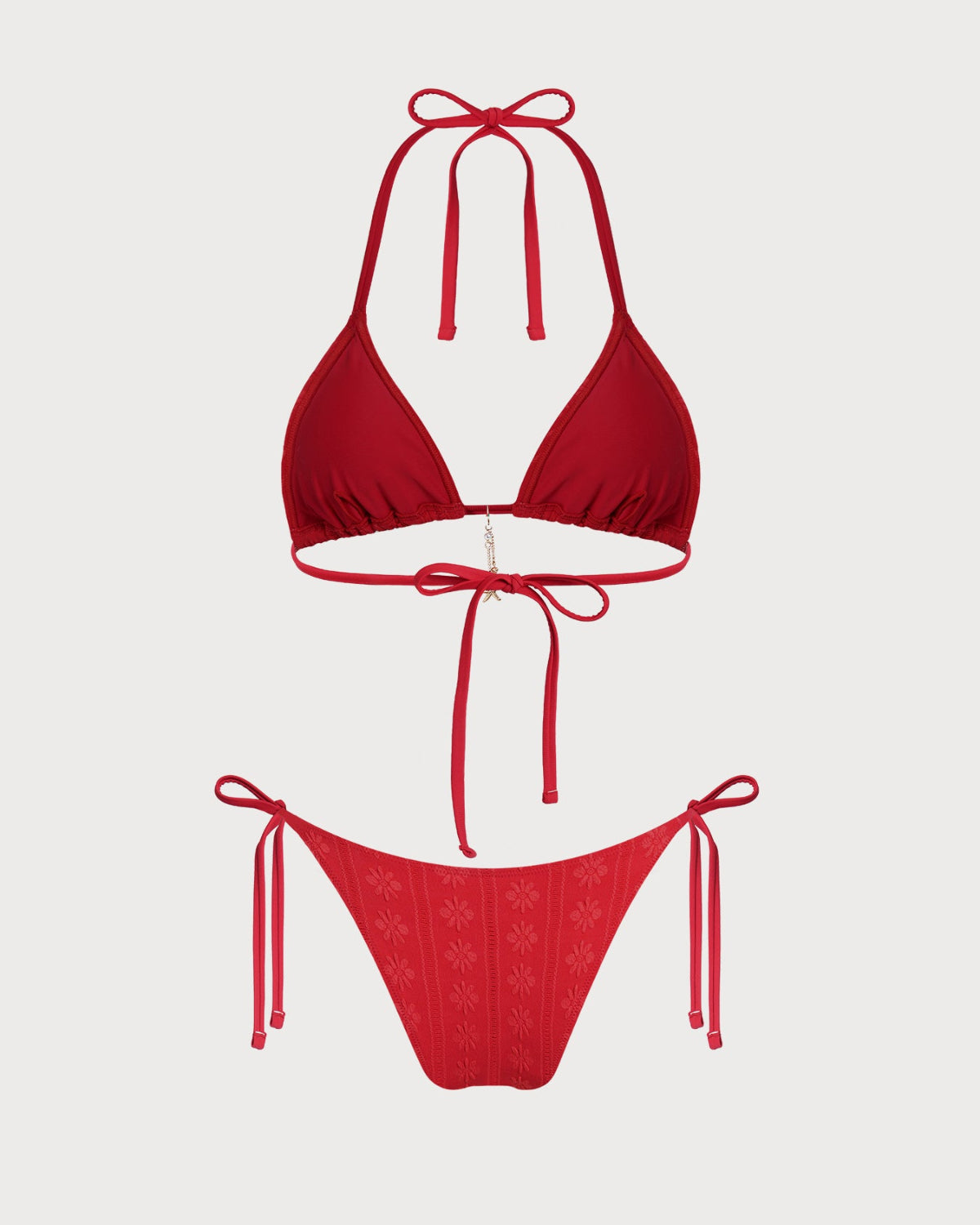Red Jacquard Halter Drawstring Bikini Set
