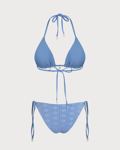 Blue Halter Triangle Reversible Bikini Set