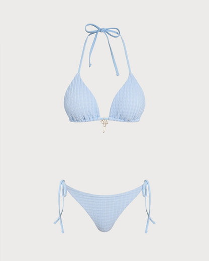 Blue Halter Drawstring Triangle Bikini Set
