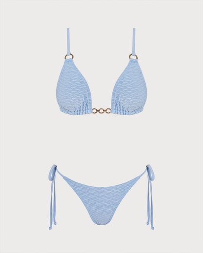 Blue V Neck O-Ring Triangle Bikini Set