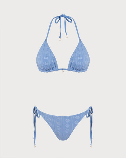 Blue Halter Triangle Reversible Bikini Set